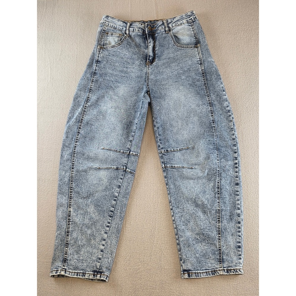 High Waist Acid Wash Barrel Leg Jeans Women's Size M Baggy Balloon Horseshoe